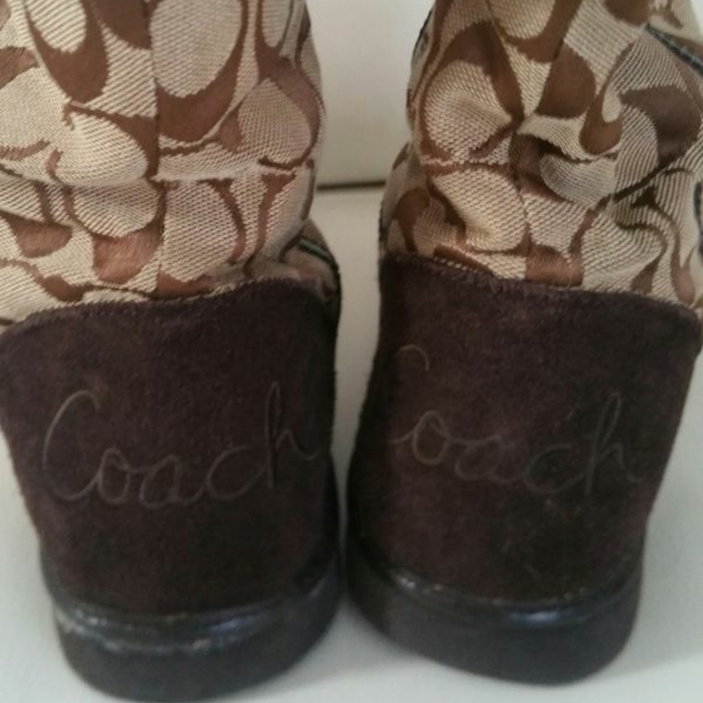 Genuine Coach print boots with suede heels.